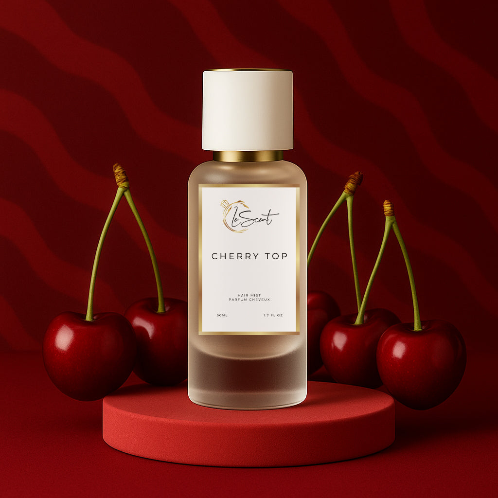 LeScent Cherry Top Hair Perfume — enriched with vitamin B5 and argan oil, blending cherry, vanilla, and almond inspired by Tom Ford Lost Cherry.