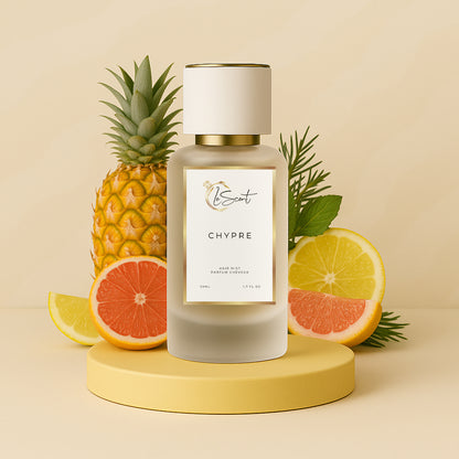 LeScent Chypre hair perfume mist bottle with tropical pineapple, grapefruit, lemon, and cedar pine leaves against a warm cream background, inspired by Nishane Hacivat.
