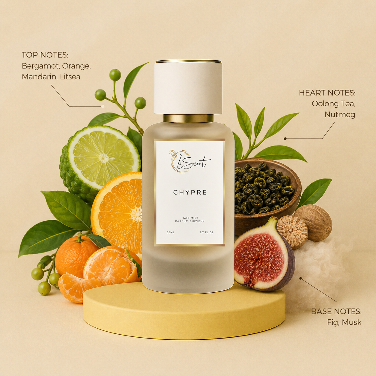 LeScent Chypre perfume hair mist inspired by Nishane Wūlóng Chá with citrus, oolong tea, fig and musk.