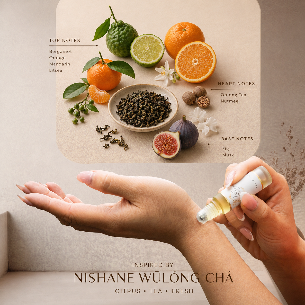 LeScent Chypre roll-on perfume oil inspired by Nishane Wūlóng Chá with citrus, oolong tea, fig and musk.