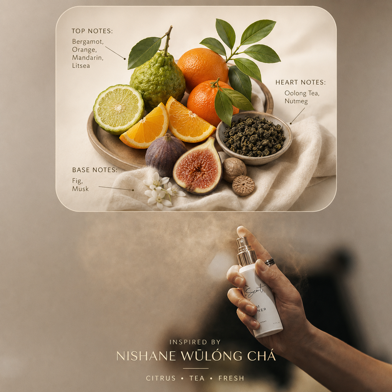 LeScent Chypre room fragrance inspired by Nishane Wūlóng Chá with citrus, oolong tea, fig and musk.