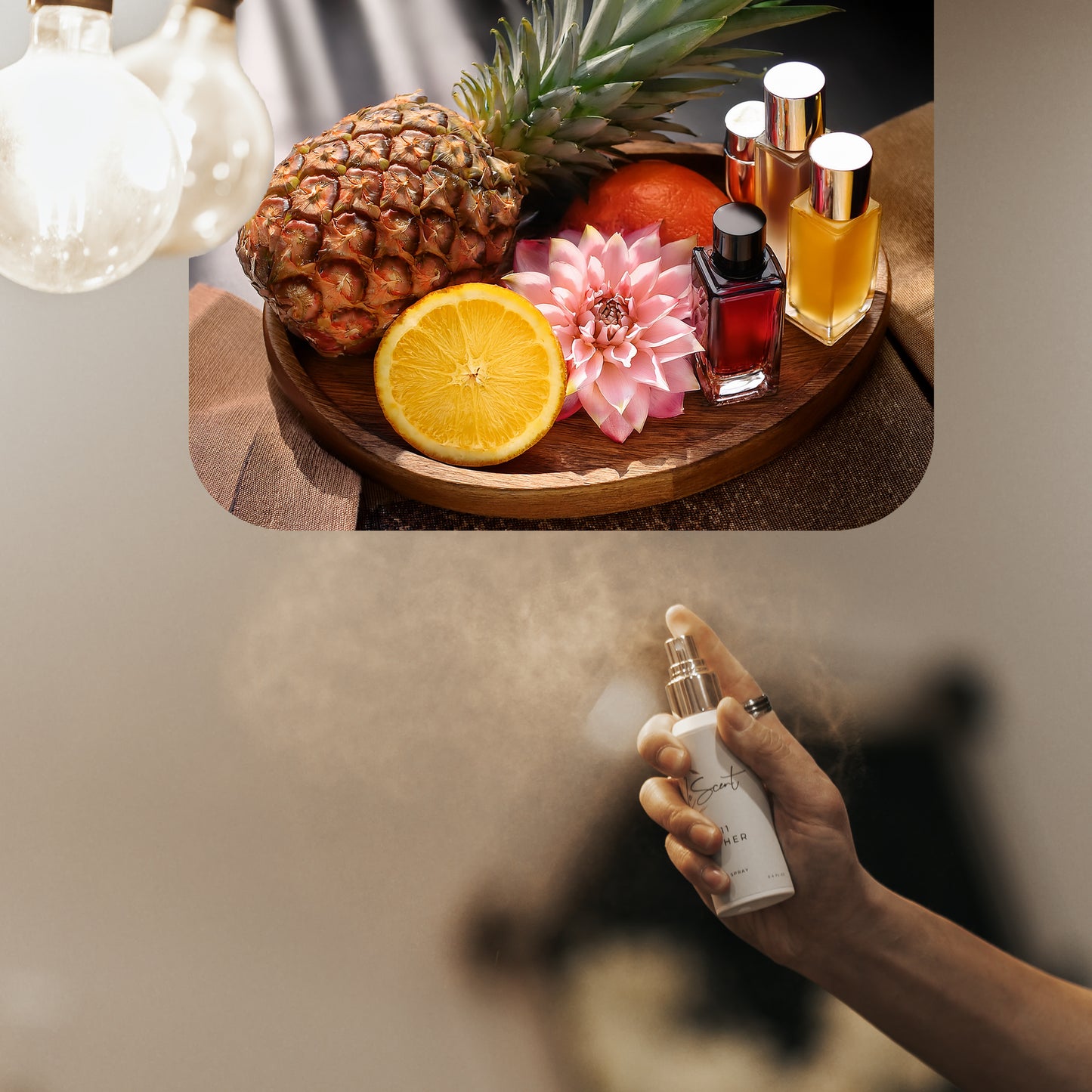Spraying LeScent Chypre home fragrance freshener mist surrounded by pineapple, citrus fruits, and soft florals with natural light reflections, inspired by Nishane Hacivat.