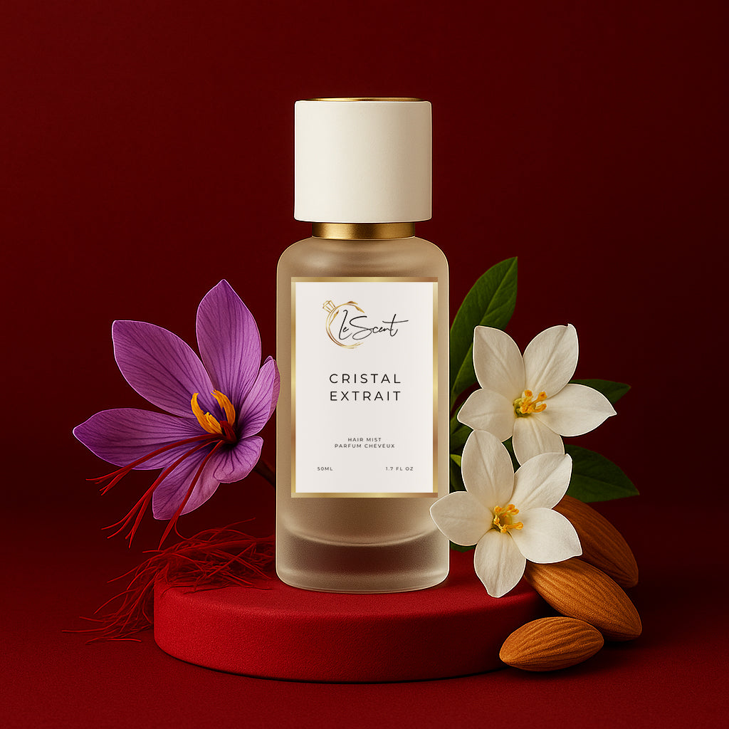 LeScent Cristal Extrait hair mist perfume bottle surrounded by saffron flowers, jasmine blossoms, almonds and green leaves on a red platform, inspired by Maison Francis Kurkdjian Baccarat Rouge 540 Extrait.