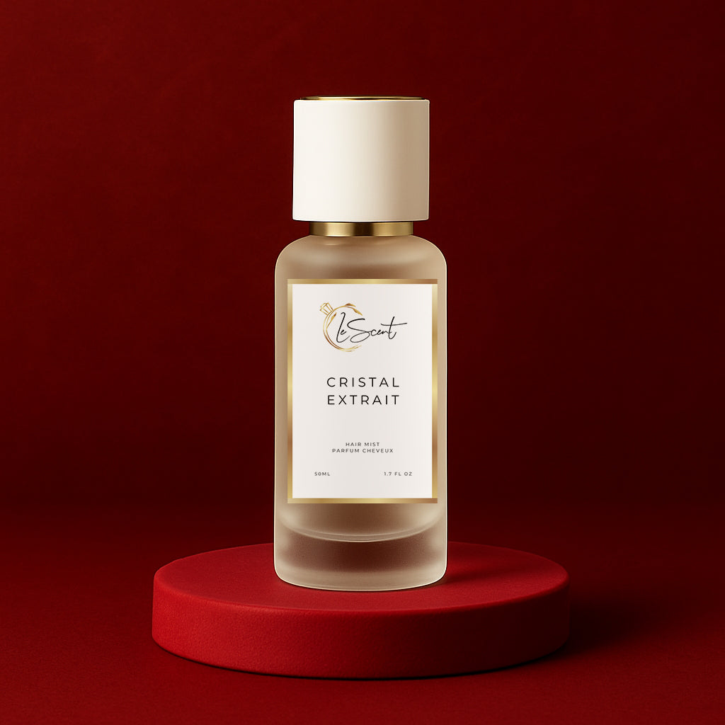 LeScent Cristal Extrait hair fragrance mist bottle displayed on a red suede pedestal with soft gold lighting and gradient background, inspired by Maison Francis Kurkdjian Baccarat Rouge 540 Extrait.