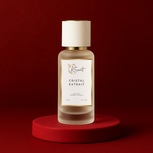 LeScent Cristal Extrait hair fragrance mist bottle displayed on a red suede pedestal with soft gold lighting and gradient background, inspired by Maison Francis Kurkdjian Baccarat Rouge 540 Extrait.