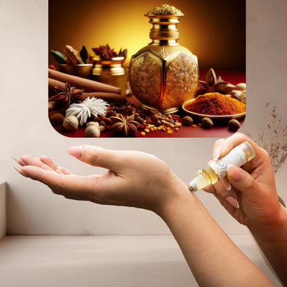 Applying LeScent Cristal Extrait roll-on perfume oil beside a gold perfume bottle surrounded by saffron petals and warm amber tones, inspired by Maison Francis Kurkdjian Baccarat Rouge 540 Extrait.