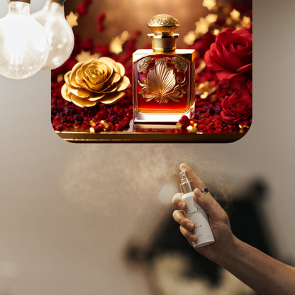 Spraying LeScent Cristal Extrait home fragrance freshener mist beside a gold perfume bottle with red and gold rose petals in the background, inspired by Maison Francis Kurkdjian Baccarat Rouge 540 Extrait.