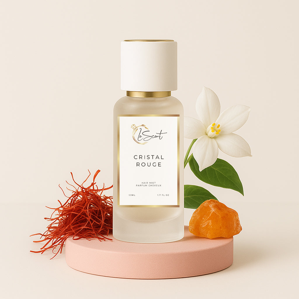 LeScent Cristal Rouge hair perfume mist inspired by Maison Francis Kurkdjian Baccarat Rouge 540 — enriched with saffron, jasmine and ambergris for radiant hair fragrance.