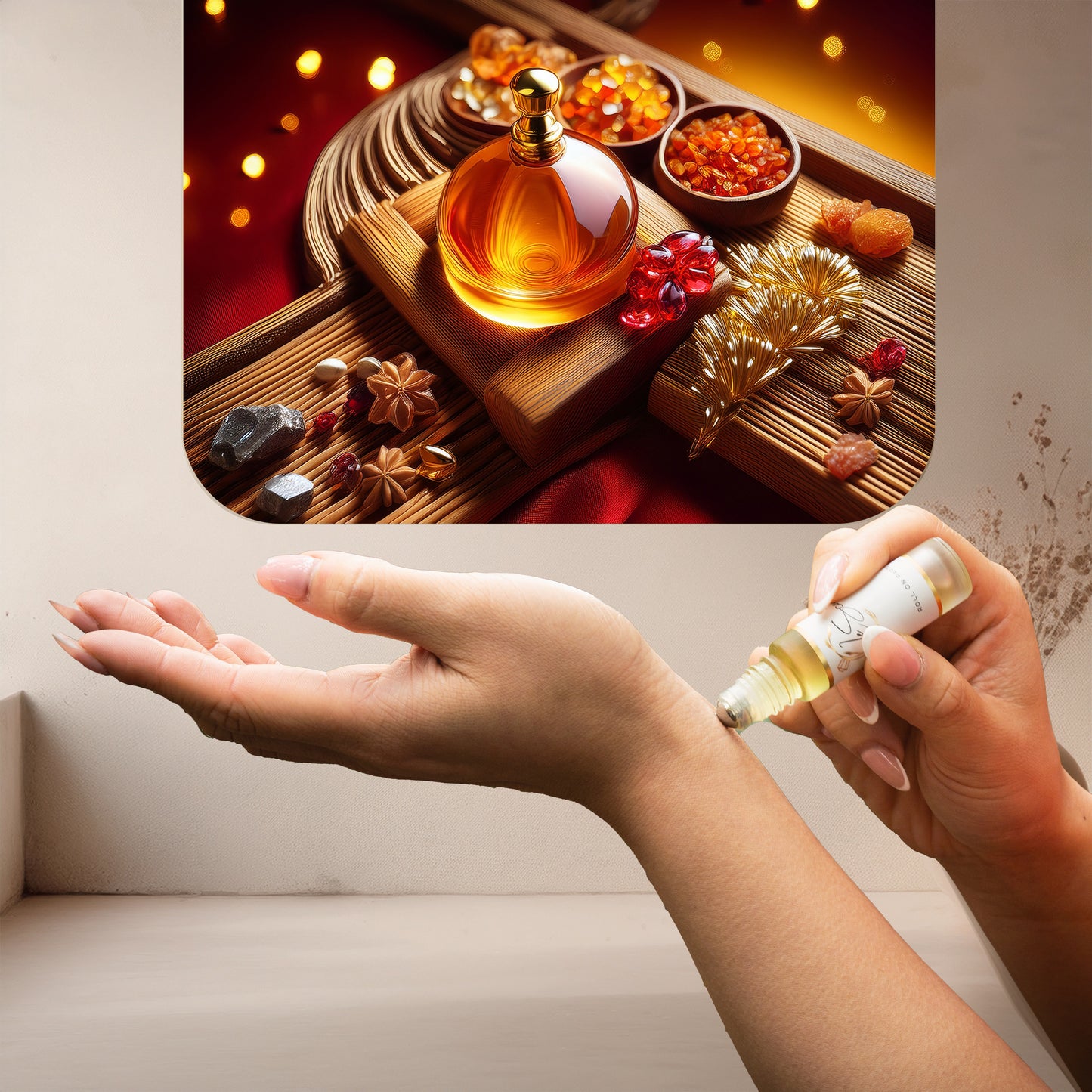 Applying LeScent Cristal Rouge roll-on perfume oil inspired by Maison Francis Kurkdjian Baccarat Rouge 540 — radiant saffron and ambergris blend for an elegant long-lasting scent.