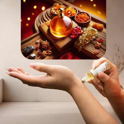 Applying LeScent Cristal Rouge roll-on perfume oil inspired by Maison Francis Kurkdjian Baccarat Rouge 540 — radiant saffron and ambergris blend for an elegant long-lasting scent.