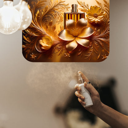 Spraying LeScent Cristal Rouge room fragrance freshener mist inspired by Maison Francis Kurkdjian Baccarat Rouge 540 — golden amber jasmine aroma filling the air with warmth.