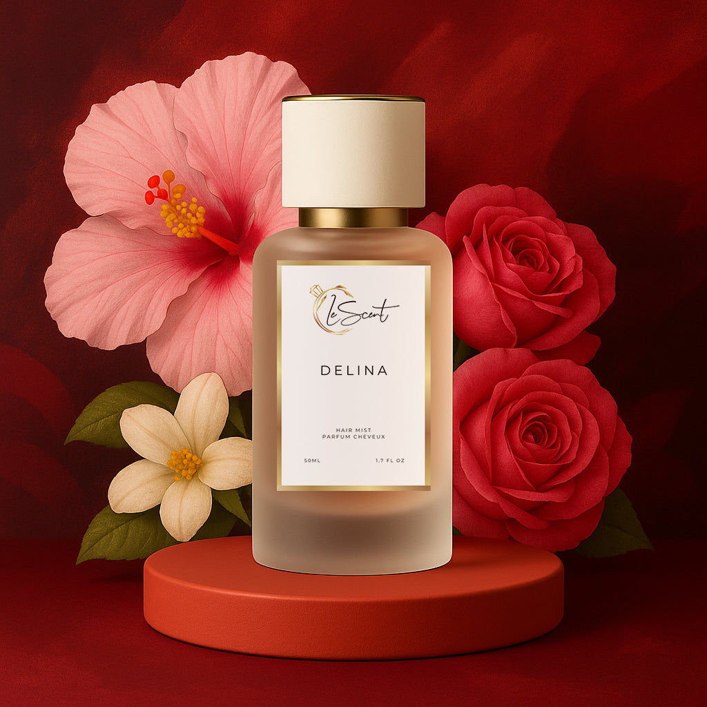 LeScent Delina hair perfume mist bottle styled with elegant red florals and decorative elements against a rich deep-red backdrop, inspired by Maison Crivelli Hibiscus Mahajad.