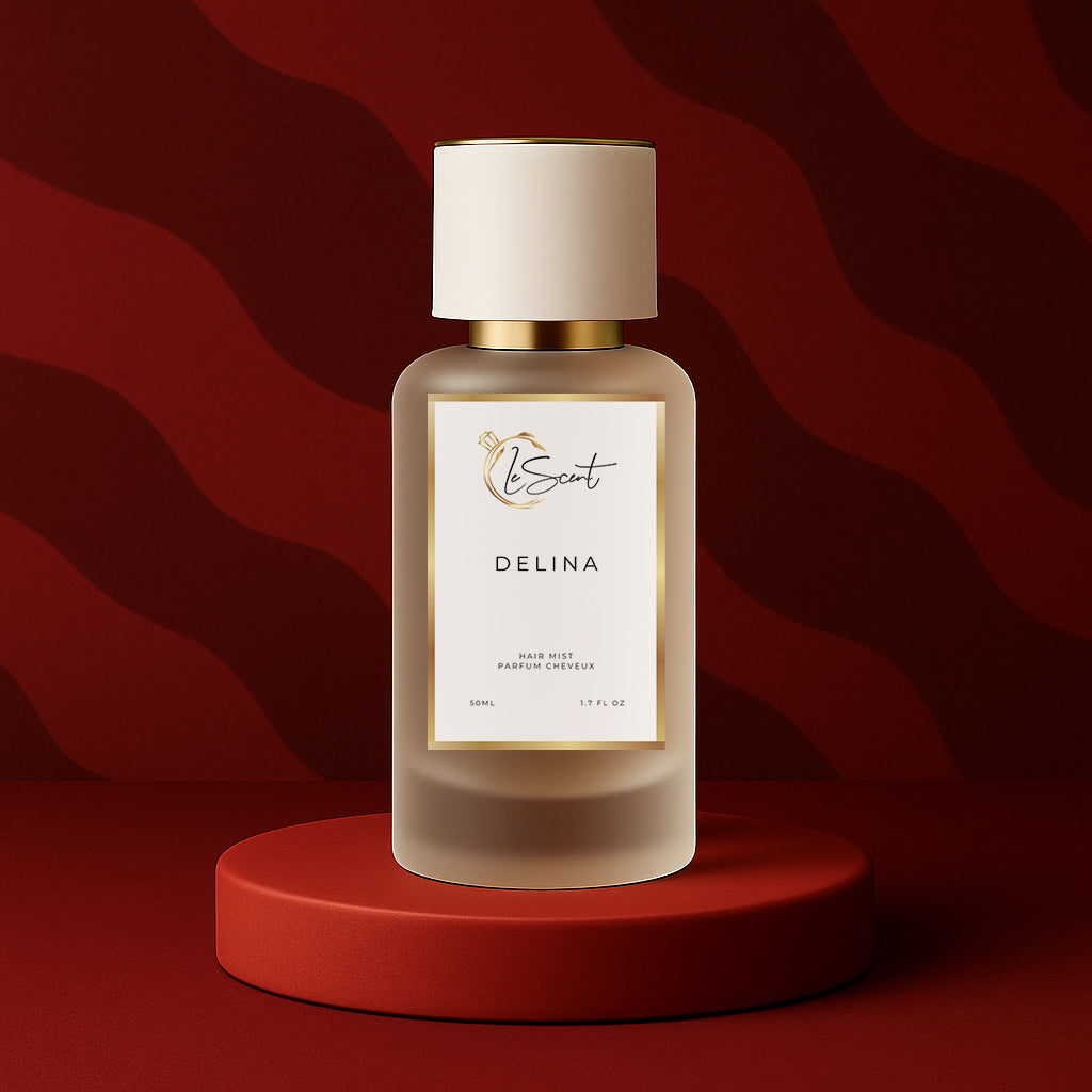 LeScent Delina hair fragrance mist bottle standing on a red pedestal with a softly textured crimson background and studio lighting, inspired by Maison Crivelli Hibiscus Mahajad.
