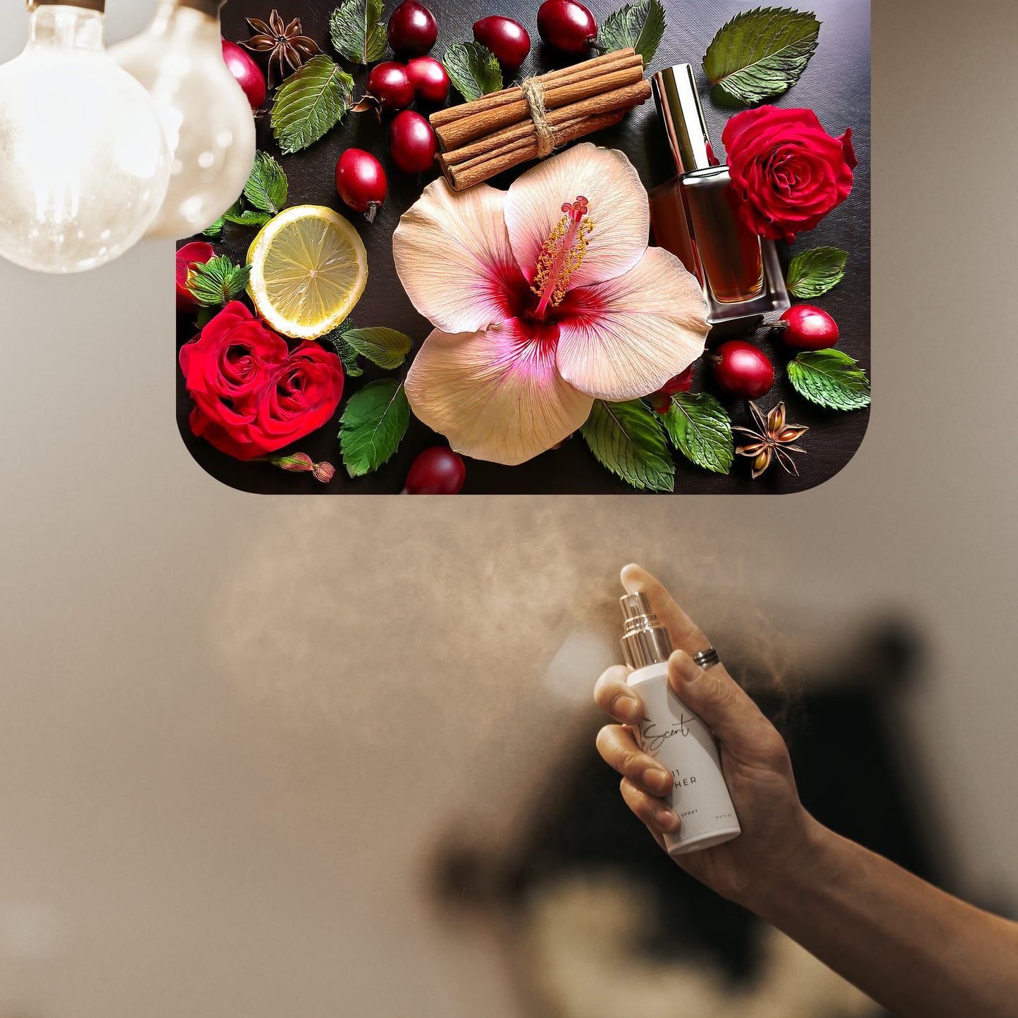 Spraying LeScent Delina home fragrance freshener mist beneath a vibrant fragrance mood panel featuring bold florals, inspired by Maison Crivelli Hibiscus Mahajad.