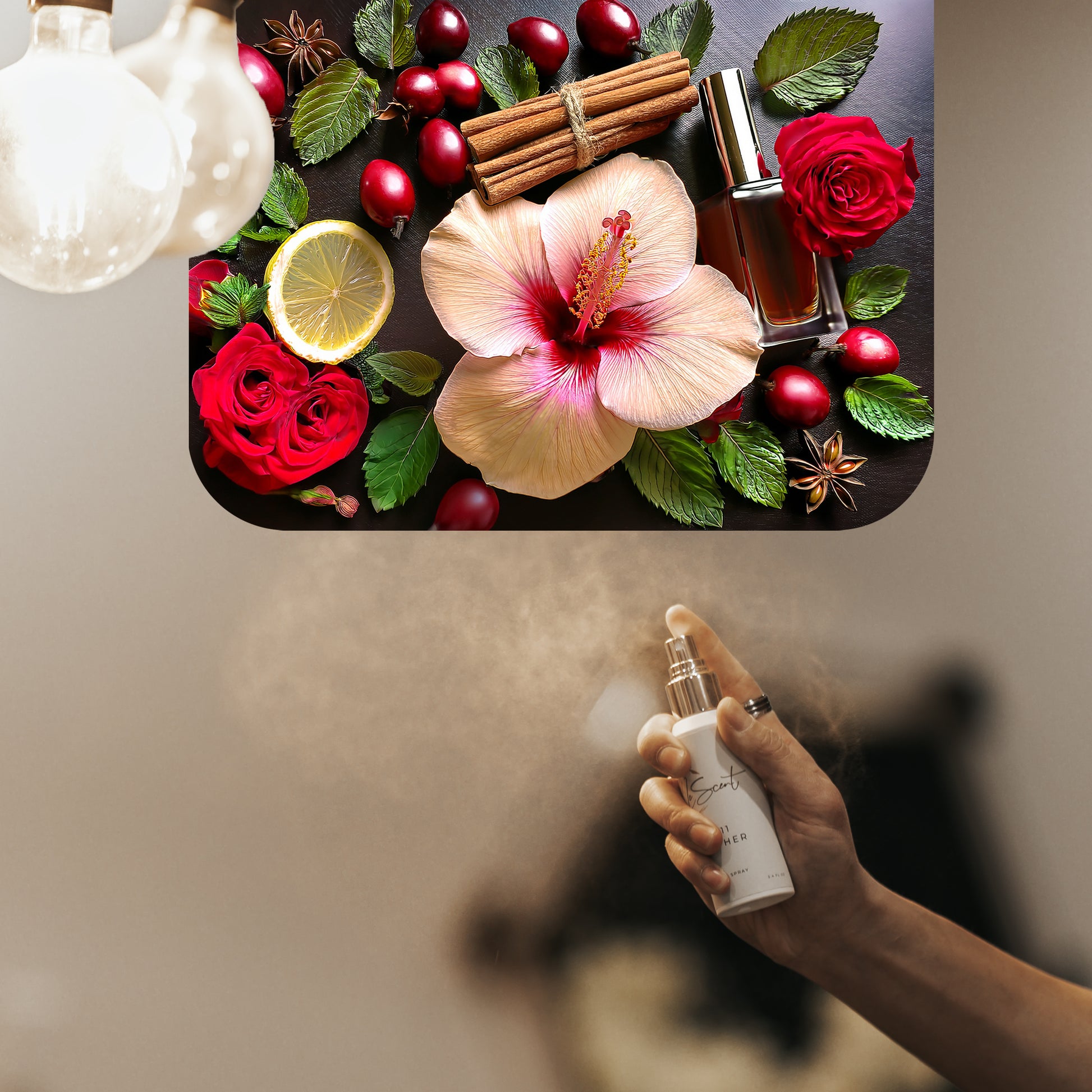 Spraying LeScent Delina home fragrance freshener mist beneath a vibrant fragrance mood panel featuring bold florals, inspired by Maison Crivelli Hibiscus Mahajad.