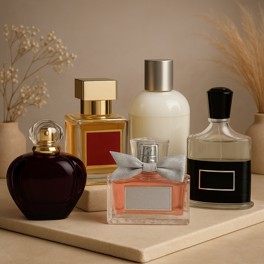 Assorted luxury perfume bottles arranged on a beige platform with soft decor, reflecting LeScent’s premium fragrance inspiration.