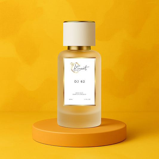 LeScent DJ 62 hair fragrance mist bottle on a soft yellow pedestal with creamy vanilla and golden undertones, inspired by Sol de Janeiro Brazilian Crush Cheirosa 62.