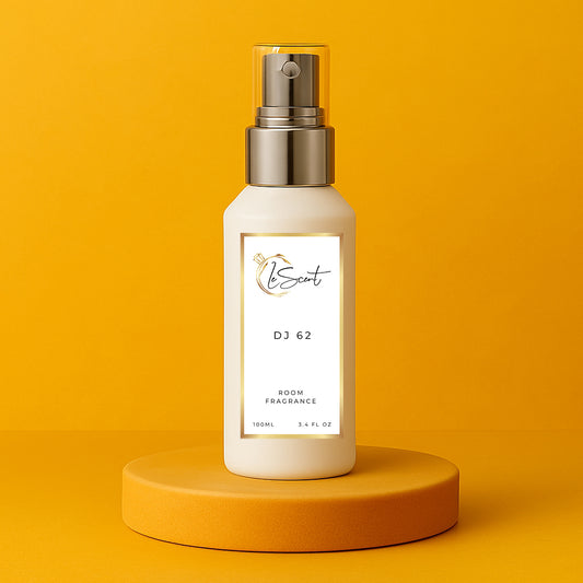 LeScent DJ 62 room fragrance spray bottle on a bright yellow pedestal with glowing amber lighting and smooth matte background, inspired by Sol de Janeiro Brazilian Crush Cheirosa 62.