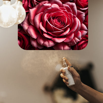 Spraying LeScent Don't Let Go room spray inspired by Byredo Rose of No Man’s Land — rose floral home fragrance freshener mist with pink pepper and amber for an inviting ambiance.