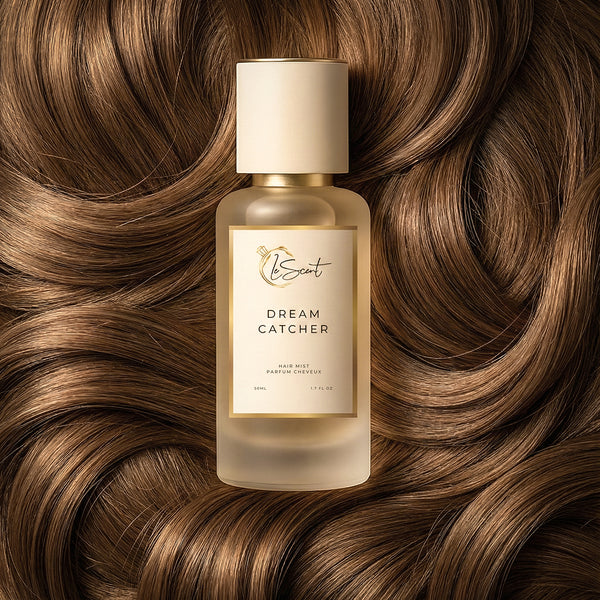 LeScent Dream Catcher hair mist bottle on a flowing brown hair background, hair perfume, hair fragrance, and hair perfume mist inspired by Dream Catcher.