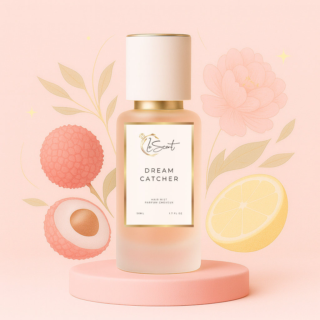 Luxury hair perfume, hair fragrance and hair perfume mist bottle on a clean pink platform with illustrated floral background, inspired by Louis Vuitton Attrape Rêves.