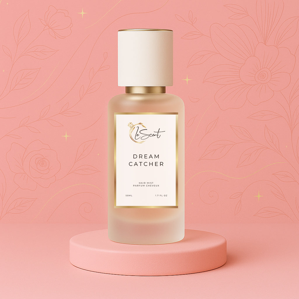 Hair perfume, hair fragrance and hair perfume mist bottle displayed with peony flowers, lychee, lemon slices and soft botanical elements, inspired by Louis Vuitton Attrape Rêves.