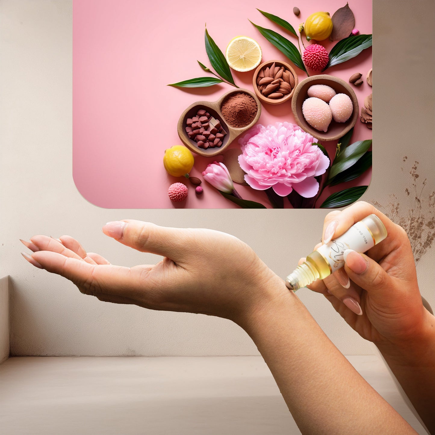 Applying roll on perfume oil to the wrist with visible ingredients including pink peony, lemon slices, cocoa pieces, lychee, almonds and green leaves, inspired by Louis Vuitton Attrape Rêves.