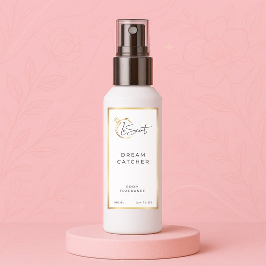 Luxury room spray bottle shown as a room fragrance and home fragrance freshener mist on a pink floral backdrop, inspired by Louis Vuitton Attrape Rêves.