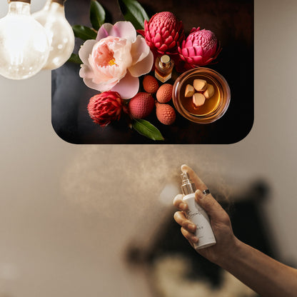 Hand spraying room fragrance freshener mist with visible ingredients including peony flowers, lychee, almonds and pink florals, inspired by Louis Vuitton Attrape Rêves.