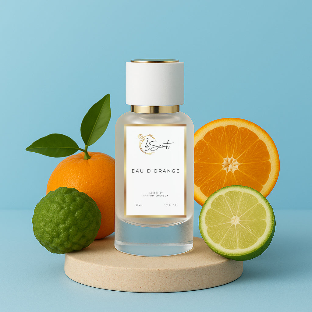 LeScent Eau D’Orange Hair Mist — vibrant hair perfume infused with vitamin B5 and argan oil, blending bright citrus, ginger, and neroli inspired by Louis Vuitton Afternoon Swim.