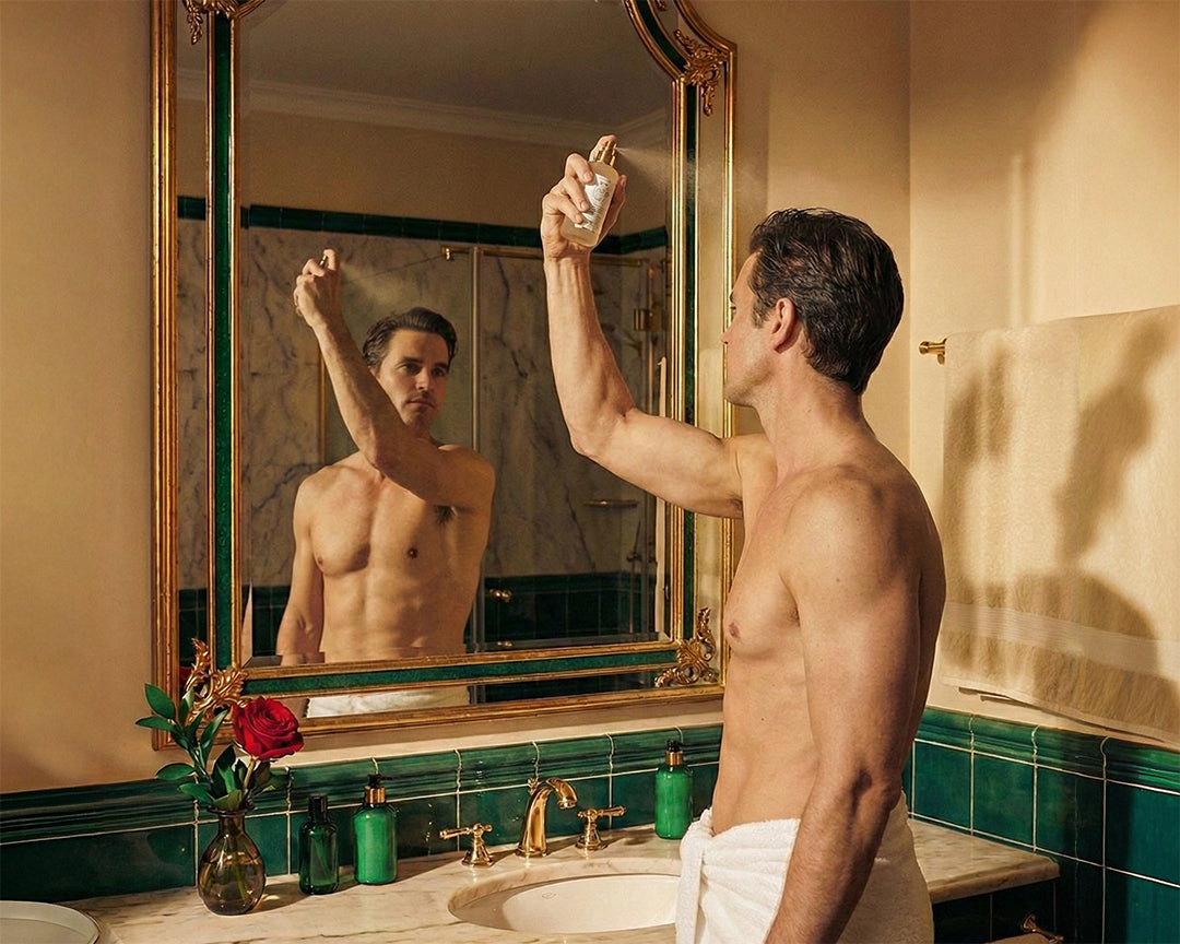 lescent-emerald-hair-mist-mens-bathroom-mirror-application