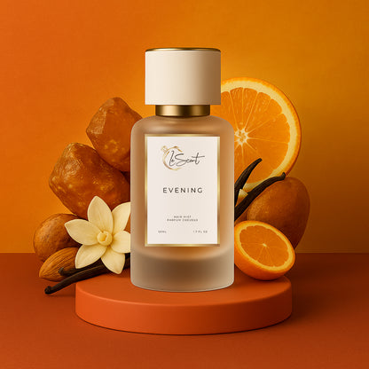 LeScent Evening hair perfume mist with ingredient notes of vanilla, amber, and orange, a warm ambery fragrance inspired by Maison Francis Kurkdjian Grand Soir.