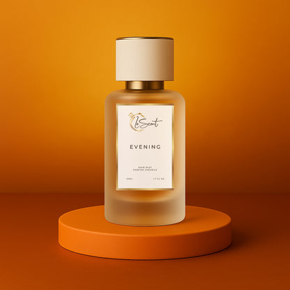 LeScent Evening hair mist bottle on an orange pedestal with a solid orange background, inspired by Maison Francis Kurkdjian Grand Soir.