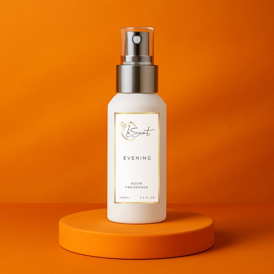 LeScent Evening room spray bottle on an orange pedestal with a solid orange background, inspired by Maison Francis Kurkdjian Grand Soir.