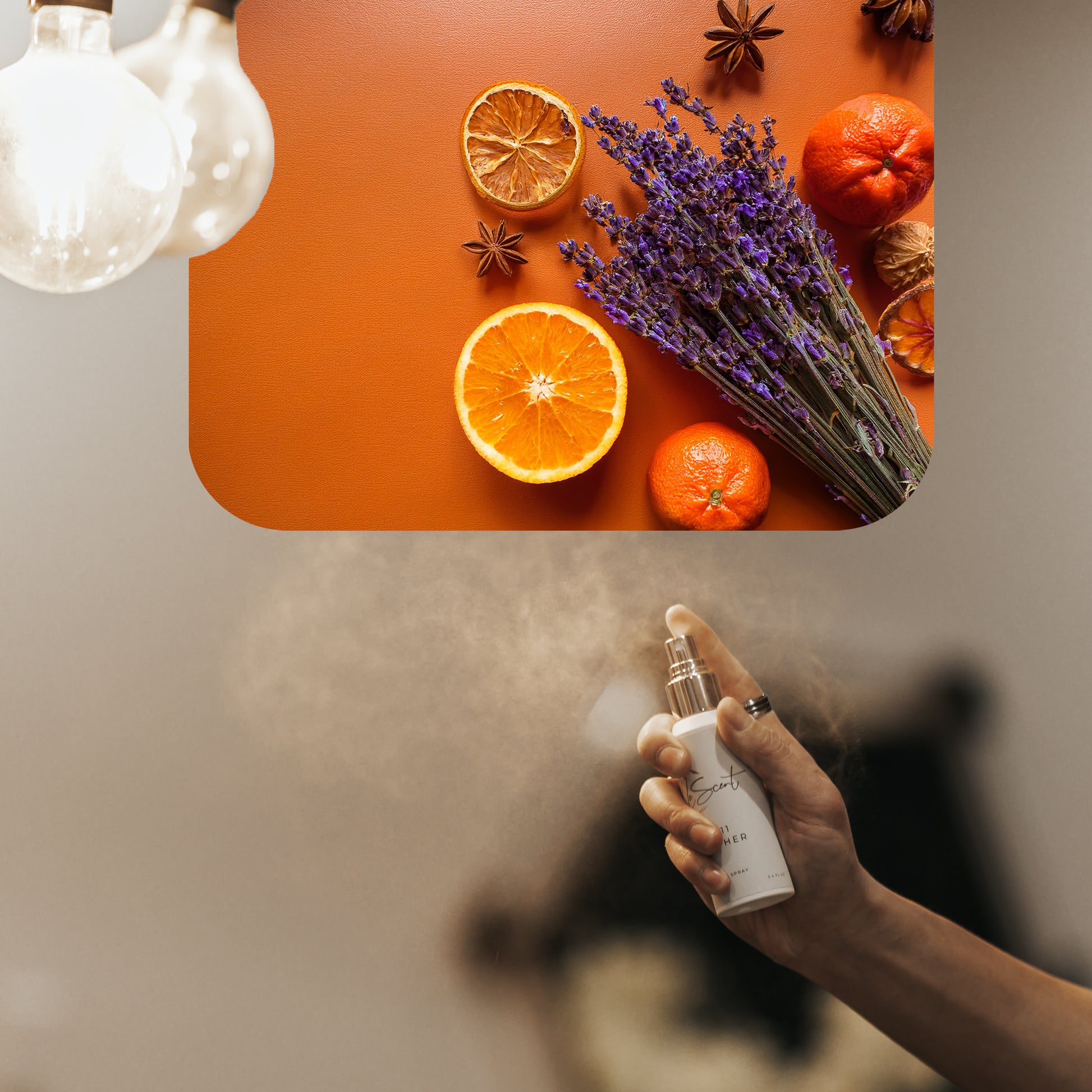 Spraying LeScent Evening home fragrance air freshener, a warm ambery scent with lavender and orange accords, inspired by Maison Francis Kurkdjian Grand Soir.