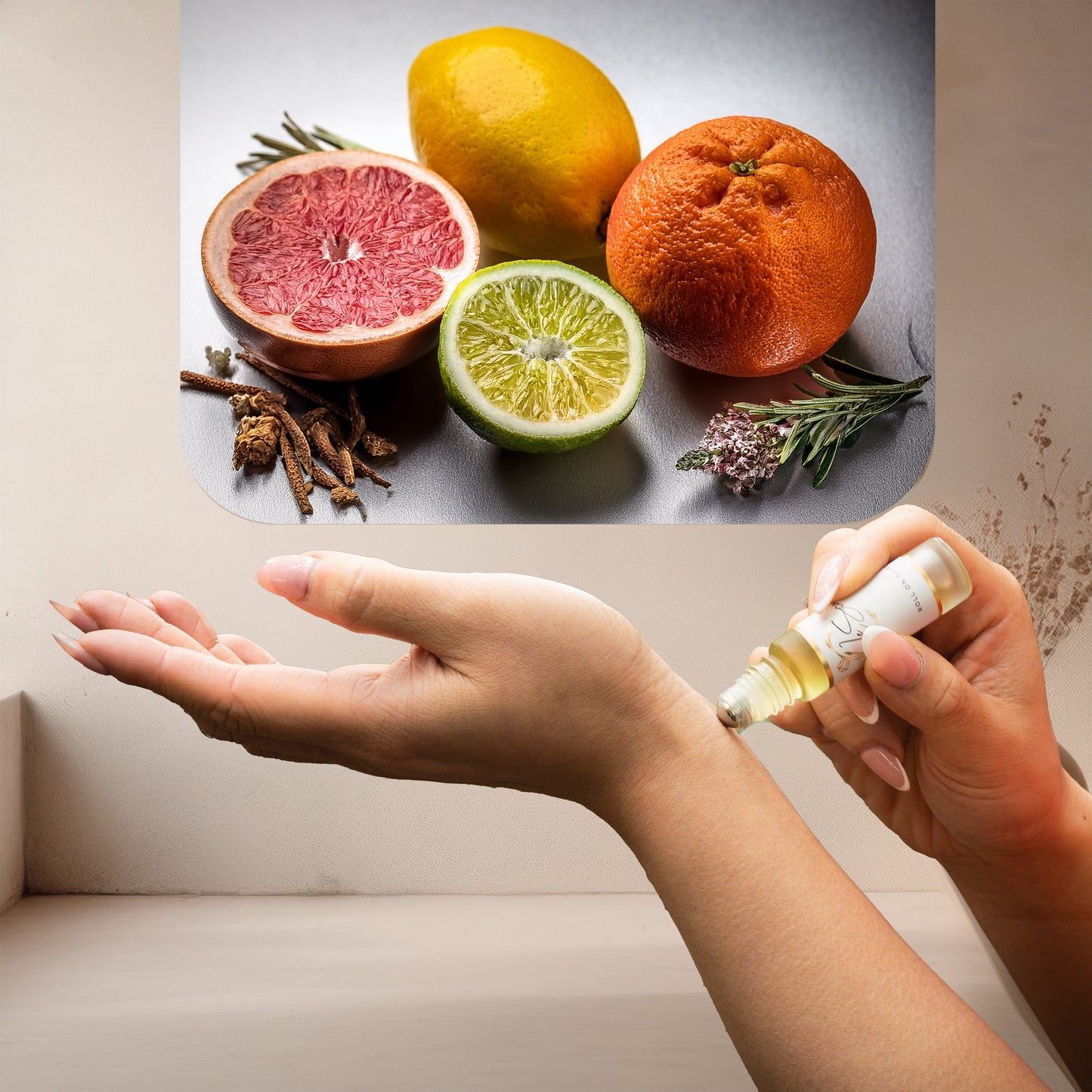 Applying LeScent Everest perfume oil roll-on inspired by Creed Himalaya — refreshing blend of grapefruit, lime and cedarwood evoking mountain air and clean sophistication.