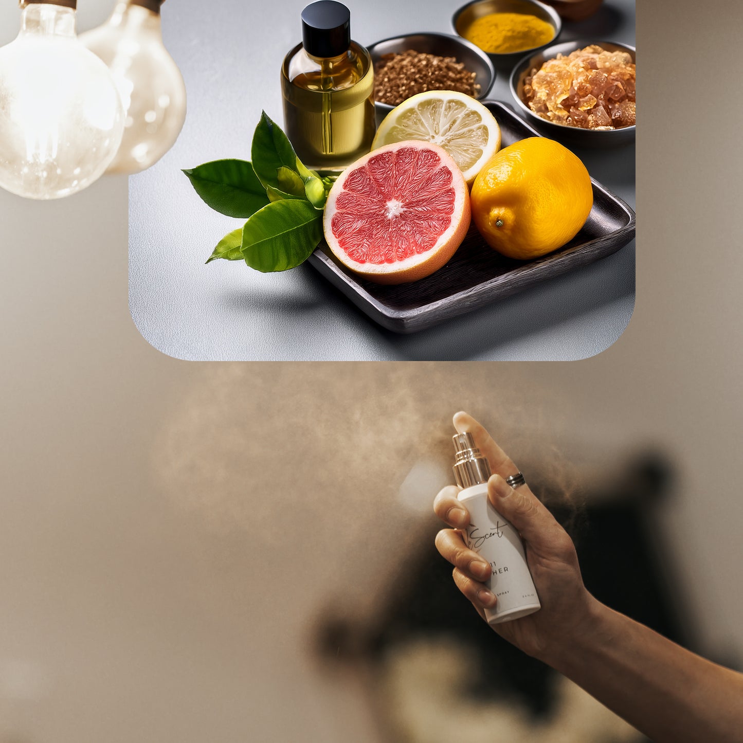 Spraying LeScent Everest room spray inspired by Creed Himalaya — refreshing citrus and musk home fragrance freshener mist with bergamot, lime and cedarwood.