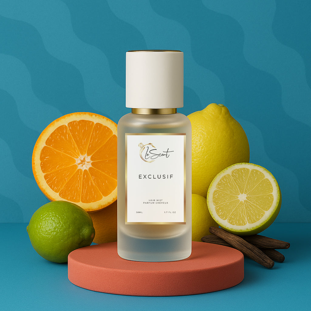 LeScent Exclusif hair perfume mist bottle surrounded by oranges, lemons, limes, and vanilla pods on a vibrant blue platform, inspired by Xerjoff Erba Pura.