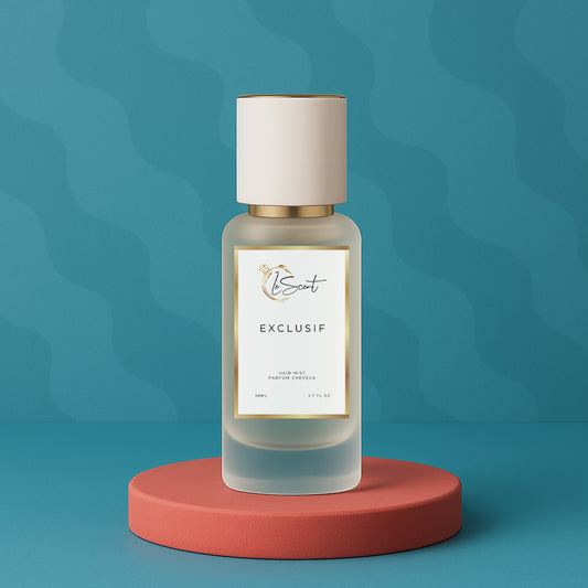 LeScent Exclusif hair fragrance mist bottle displayed on an orange pedestal with teal background and soft even lighting, inspired by Xerjoff Erba Pura.