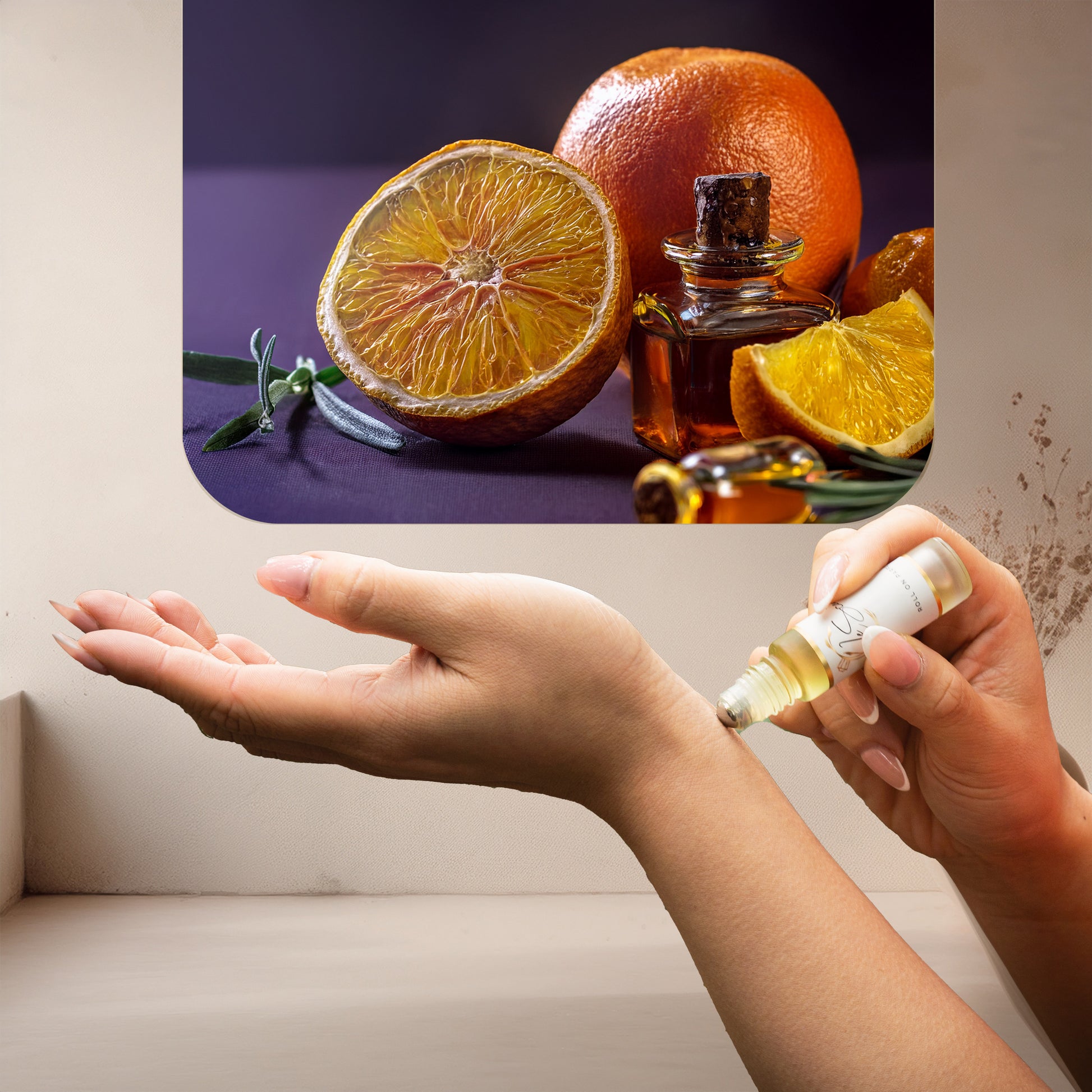 Applying LeScent Exclusif roll-on perfume oil on wrist beside fresh oranges and amber bottles with citrus zest on a neutral surface, inspired by Xerjoff Erba Pura.