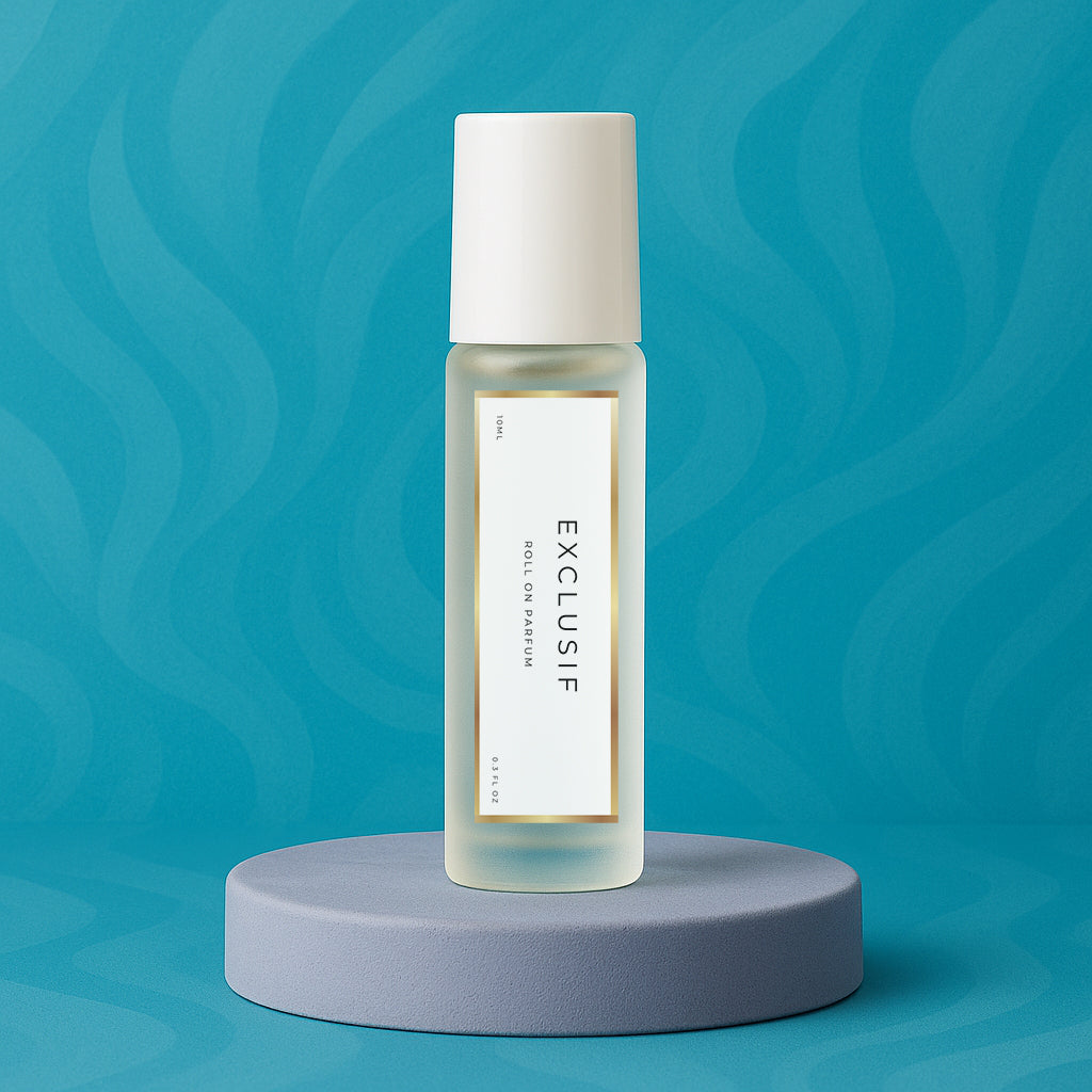 LeScent Exclusif roll-on perfume oil bottle placed on a soft blue platform with teal wave-textured background and diffused lighting, inspired by Xerjoff Erba Pura.