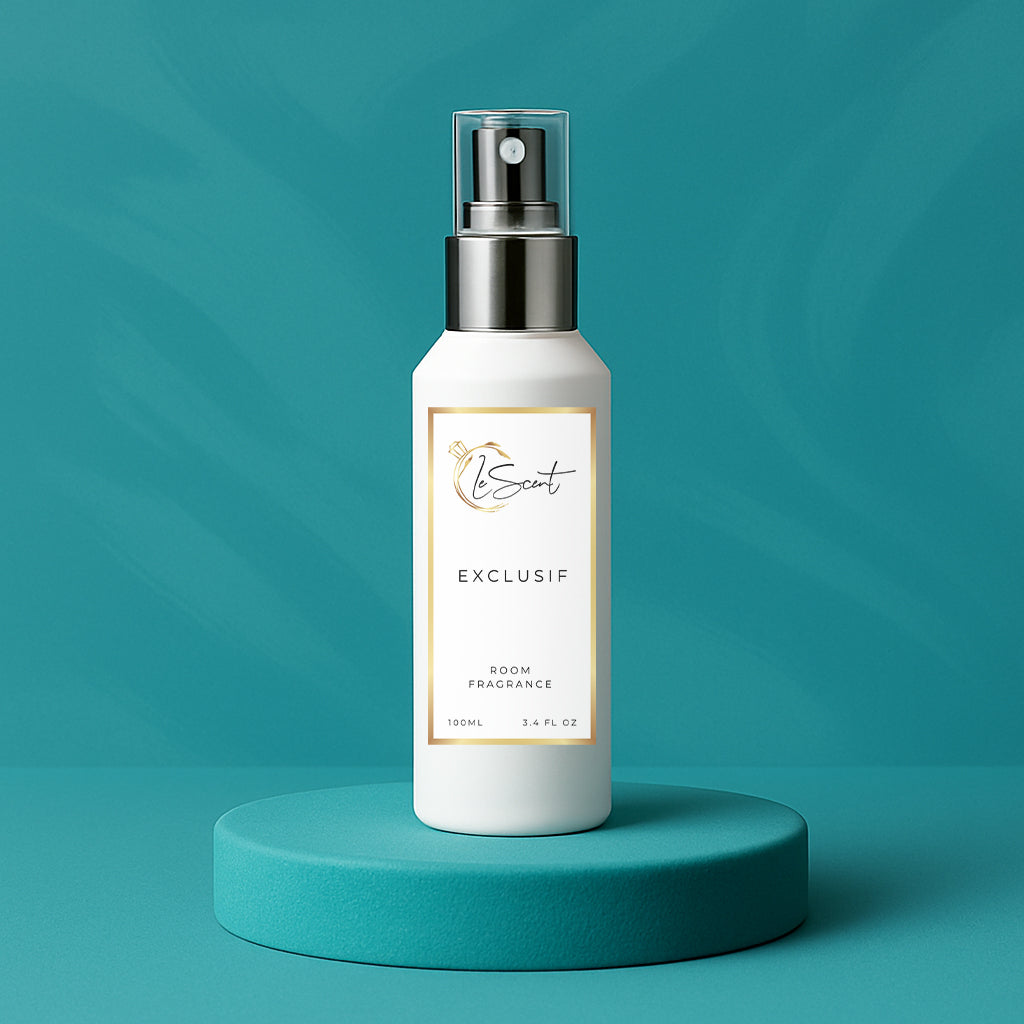 LeScent Exclusif room fragrance spray bottle standing on a turquoise platform with smooth teal background and soft studio light, inspired by Xerjoff Erba Pura.