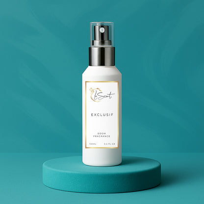 LeScent Exclusif room fragrance spray bottle standing on a turquoise platform with smooth teal background and soft studio light, inspired by Xerjoff Erba Pura.