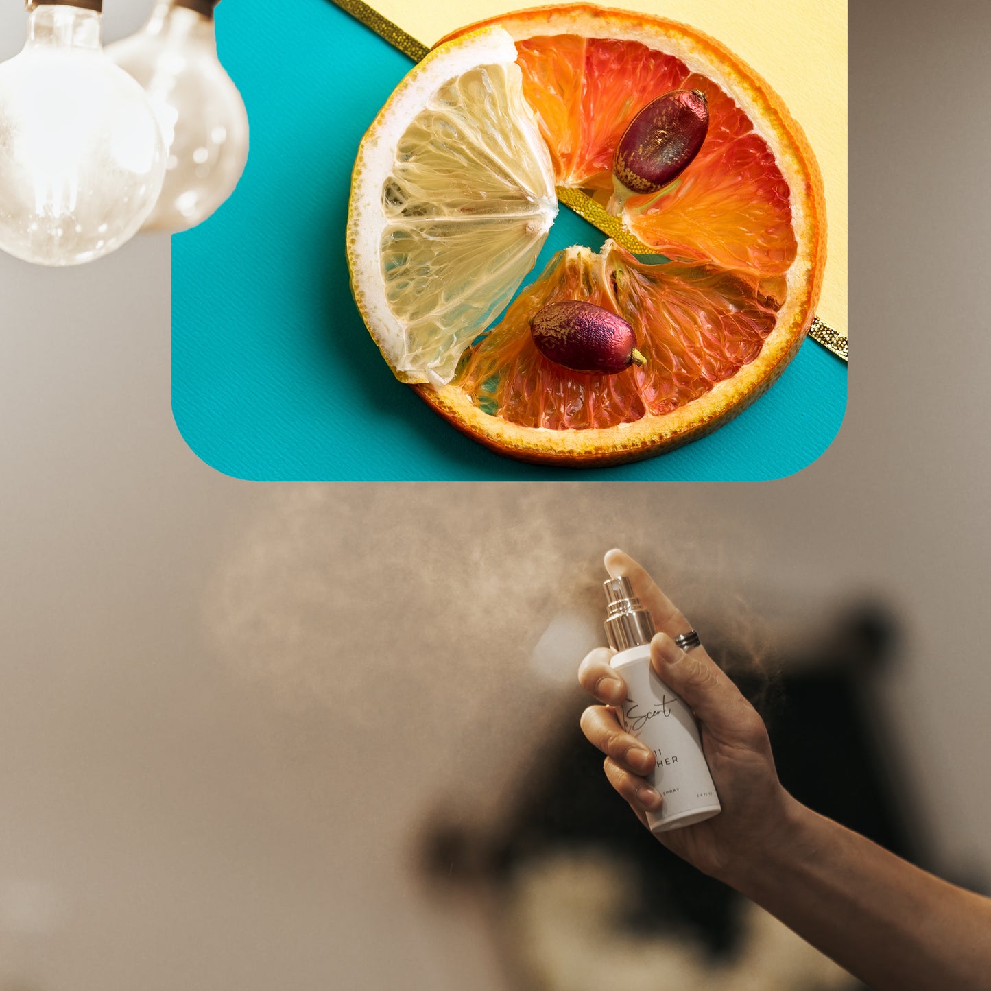 Spraying LeScent Exclusif home fragrance freshener mist beside slices of orange, lemon, and grapefruit on a colorful teal and yellow backdrop, inspired by Xerjoff Erba Pura.