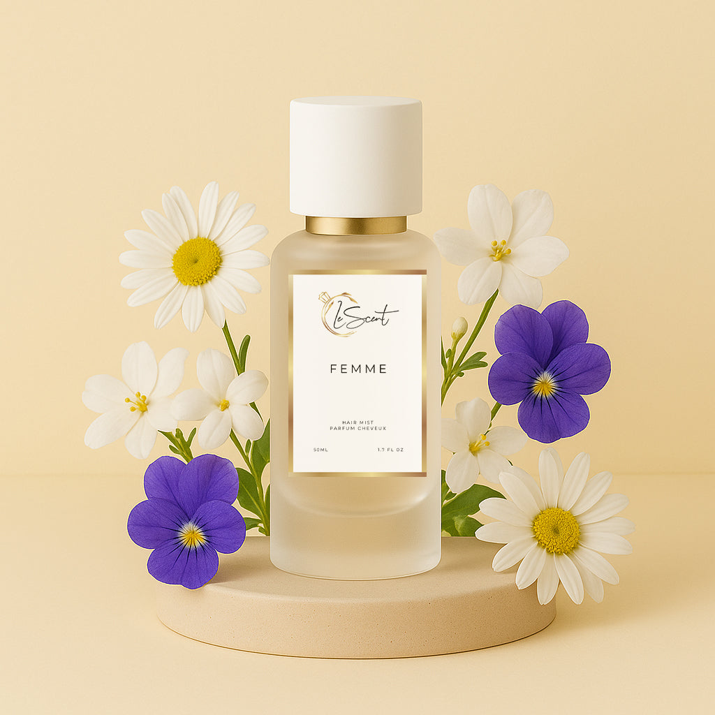 LeScent Femme Hair Perfume — enriched with argan oil and vitamin B5, infused with violet leaf, gardenia and strawberry inspired by Marc Jacobs Daisy for silky scented hair.
