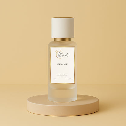 LeScent Femme Hair Mist inspired by Marc Jacobs Daisy — lightweight hair fragrance with jasmine, violet and musk notes for a soft, radiant floral finish.