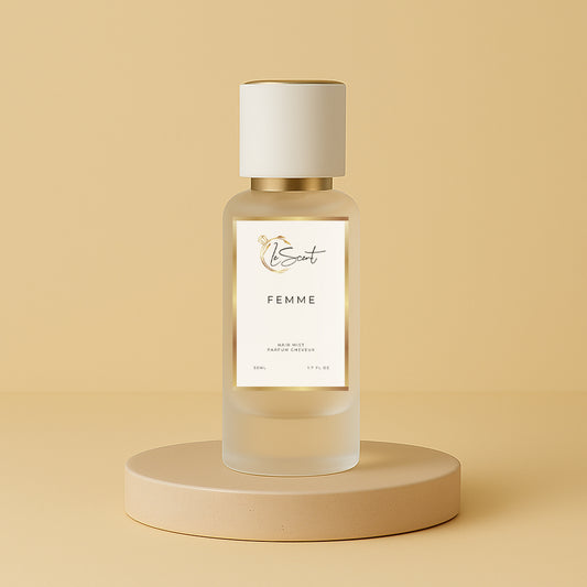 LeScent Femme Hair Mist inspired by Marc Jacobs Daisy — lightweight hair fragrance with jasmine, violet and musk notes for a soft, radiant floral finish.