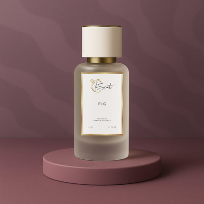 LeScent FIG hair mist inspired by Le Labo Thé Noir 29 showcased on a plum pedestal against a soft plum textured background.