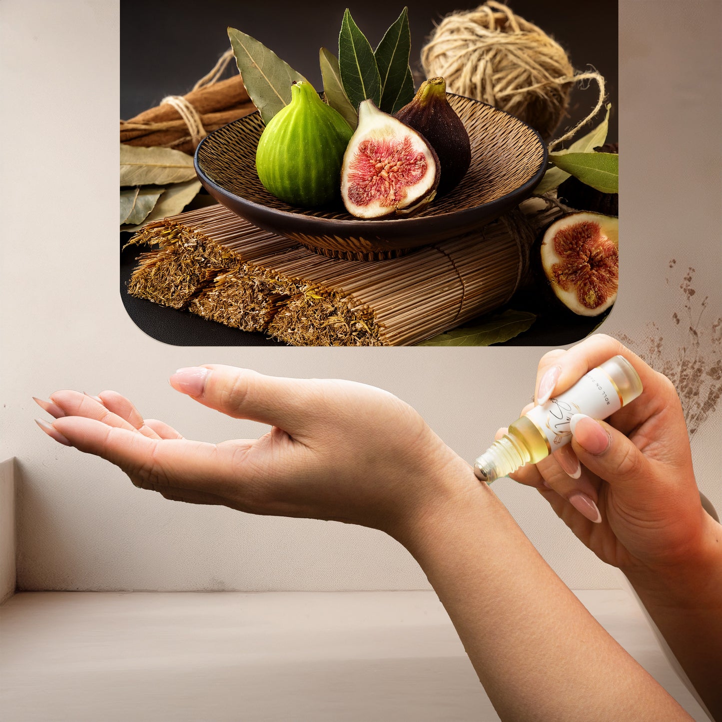 Applying LeScent FIG roll-on perfume oil inspired by Le Labo Thé Noir 29 with fresh fig, bay leaf and woody reed ingredients shown above.