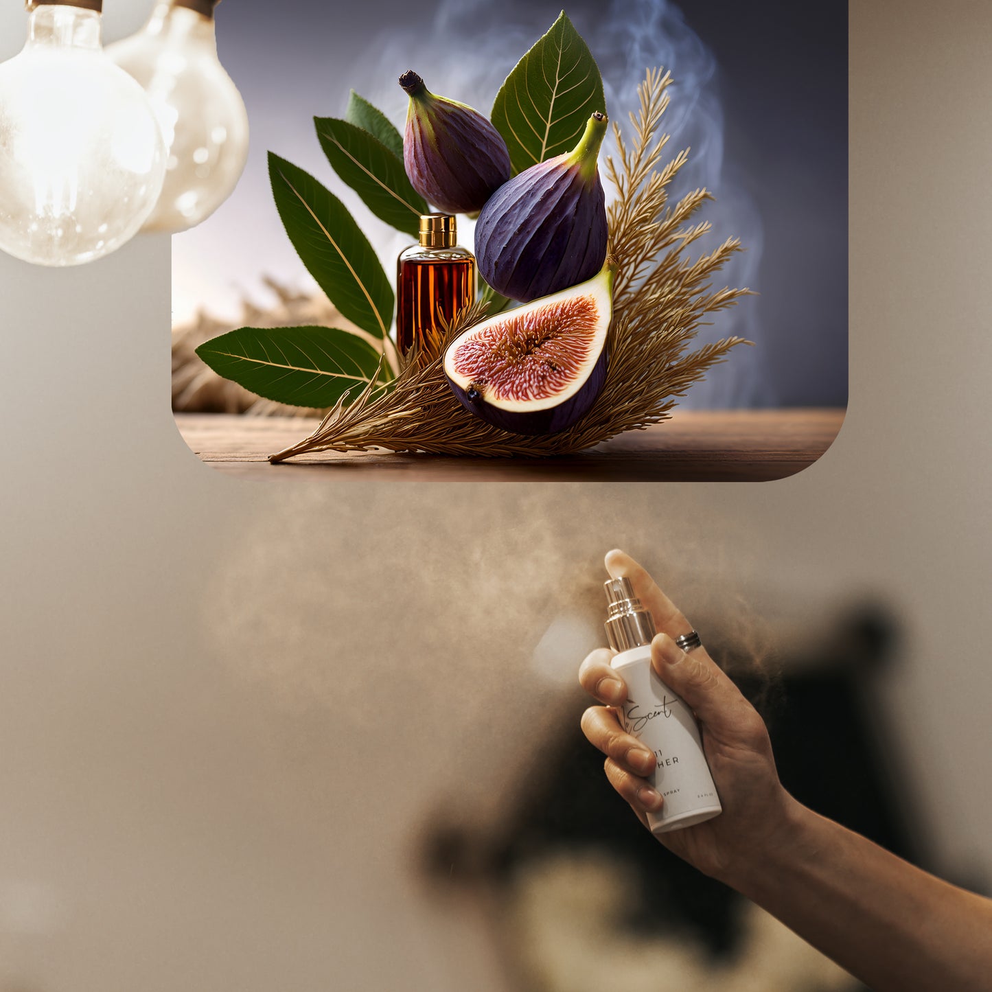 Spraying LeScent FIG room spray inspired by Le Labo Thé Noir 29 — home fragrance freshener mist with fig, green leaves and woody aromatic notes above.